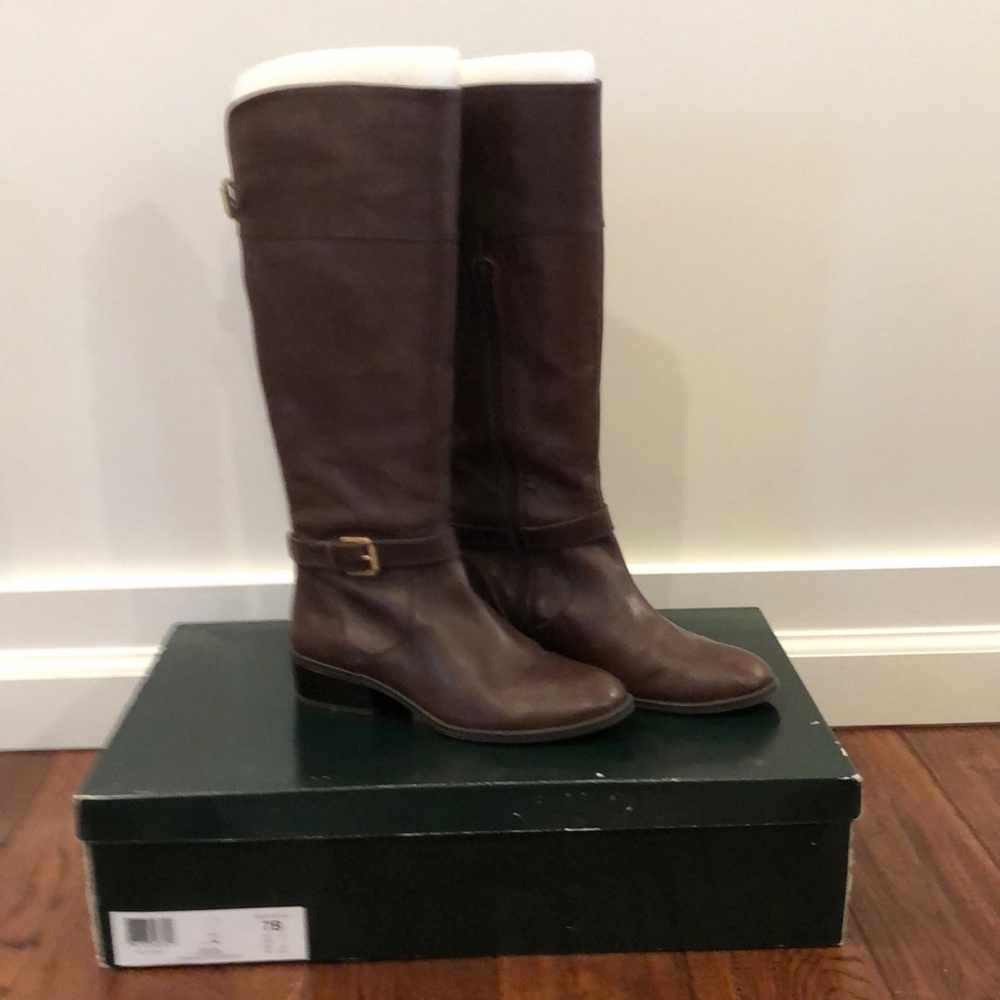 Ralph Lauren 7B Melora Dark Brown Burnished Calf Leather Boots